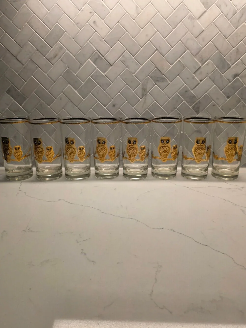 Pristine Vintage Culver 22K Gold Owl Highball Glasses - Set of 8